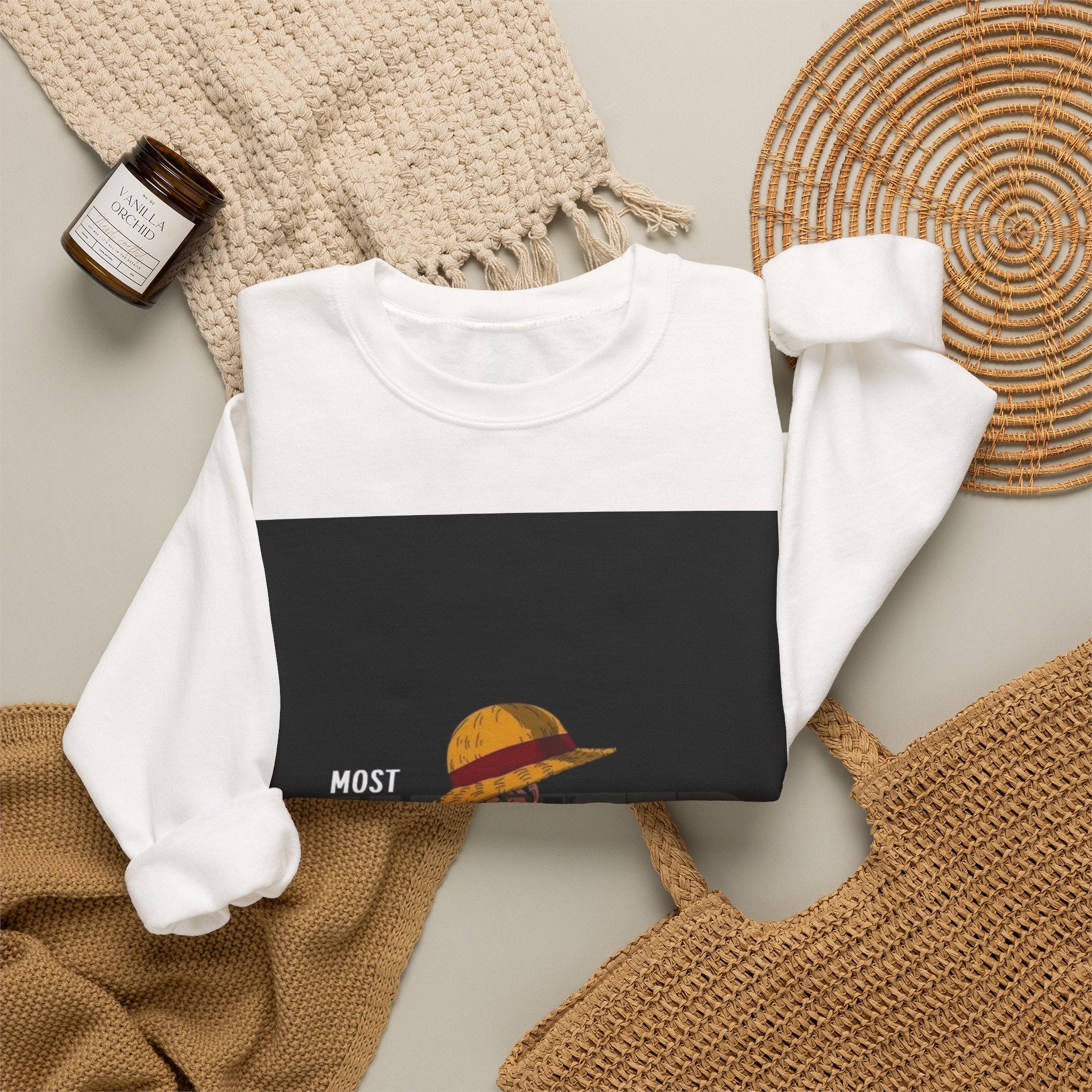 Crewneck Sweatshirt — "Most Wanted" Straw Hat Pirate Graphic