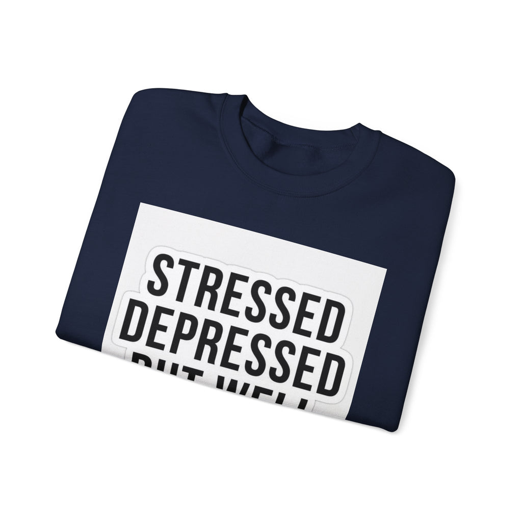 Crewneck Sweatshirt — "Stressed Depressed But Well Dressed" Graphic