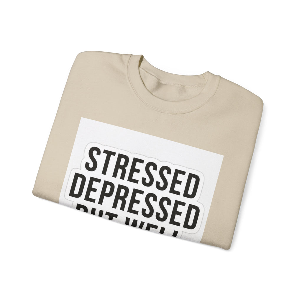 Crewneck Sweatshirt — "Stressed Depressed But Well Dressed" Graphic